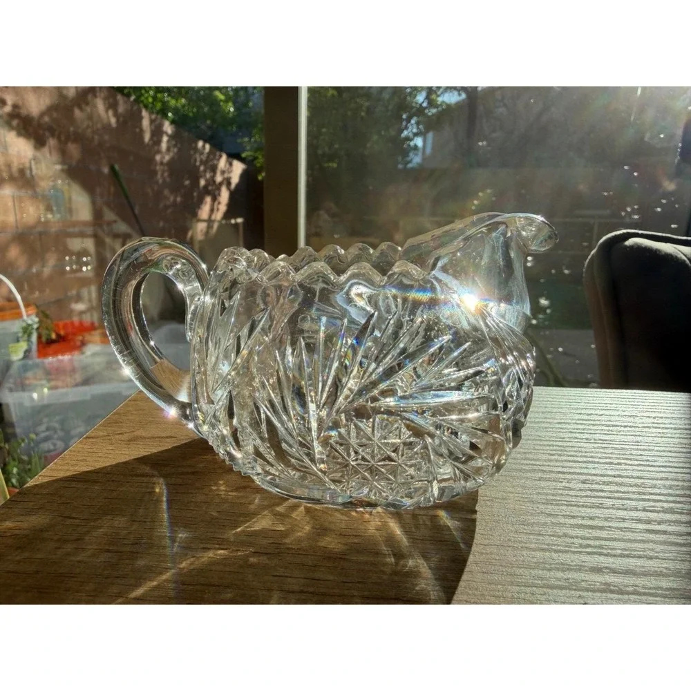 Vintage Cut Glass Crystal Serving Set Starburst Diamond Pattern 5 Pc Collection